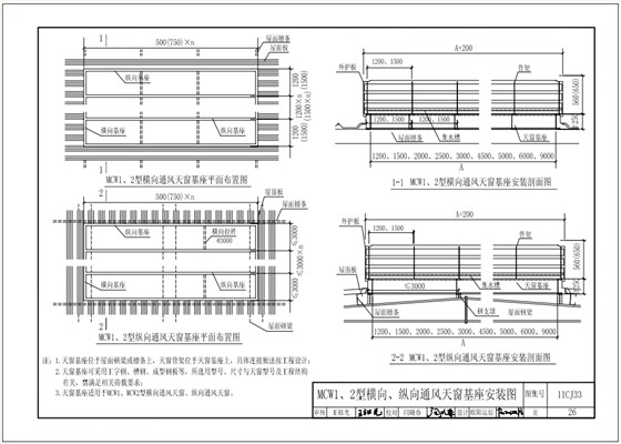 11cj33MCW1、2型橫向、縱向通風(fēng)天窗基座安裝圖